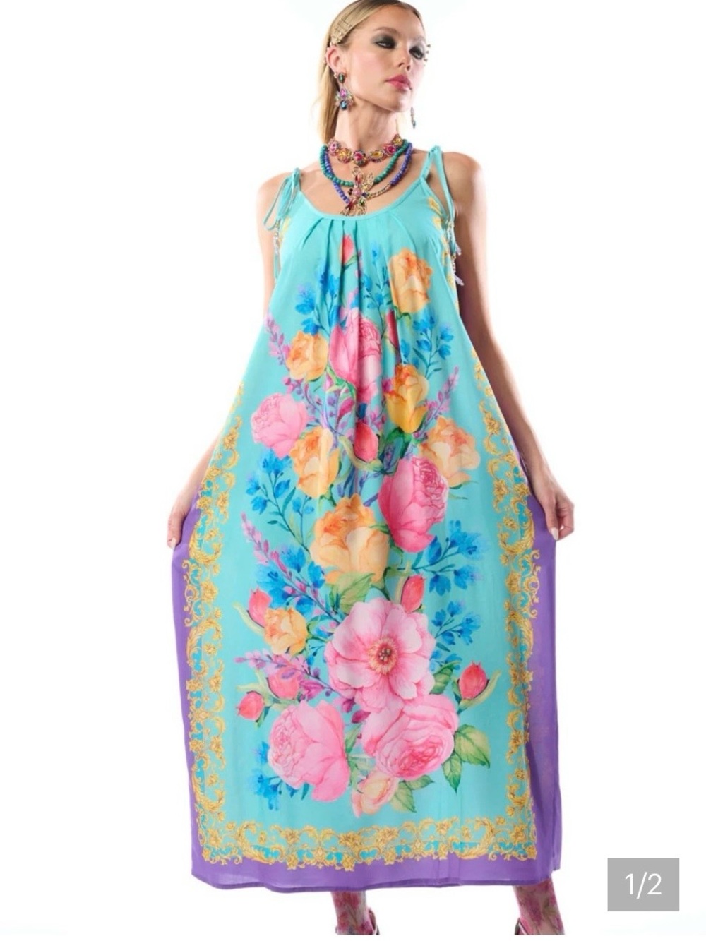 Turquoise Floral Maxi Dress with Purple Trim.Retail $190